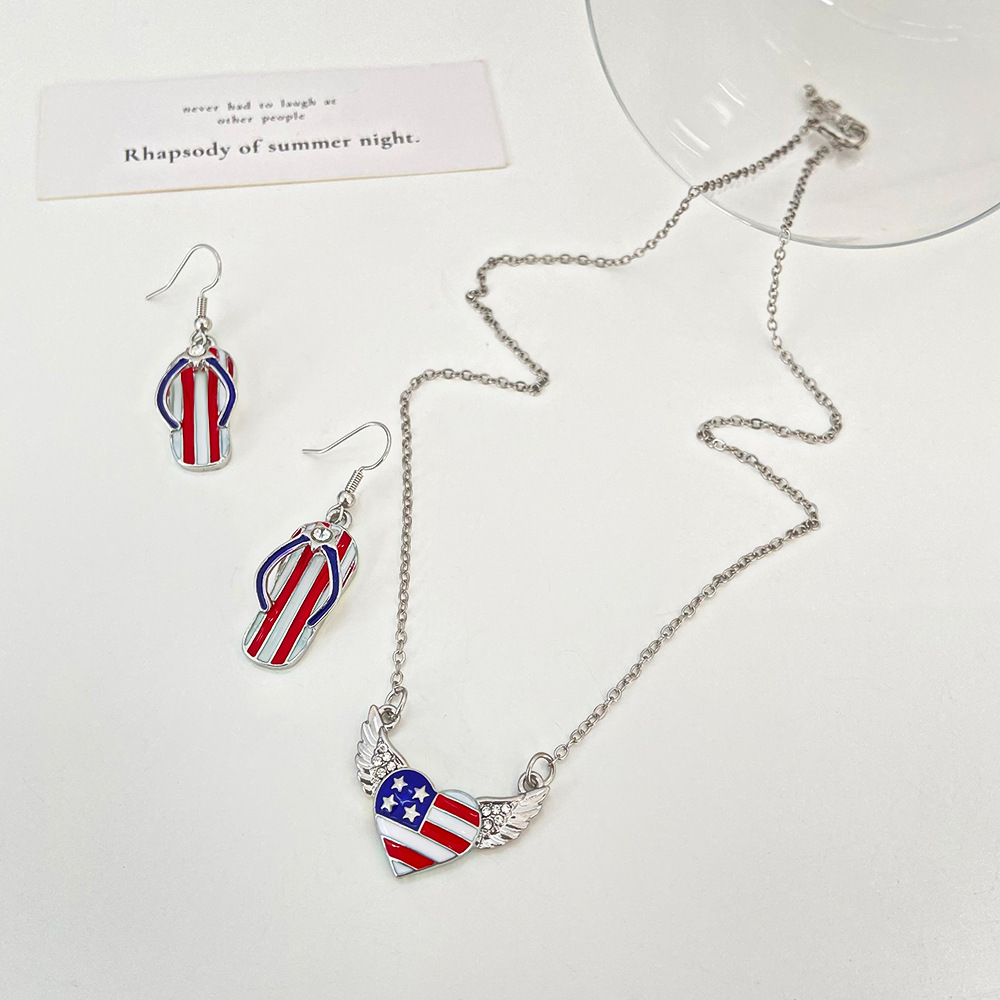 Fashion Simple American Independence Day Rhinestone Wings Heart-shaped Pendant Alloy Necklace Set