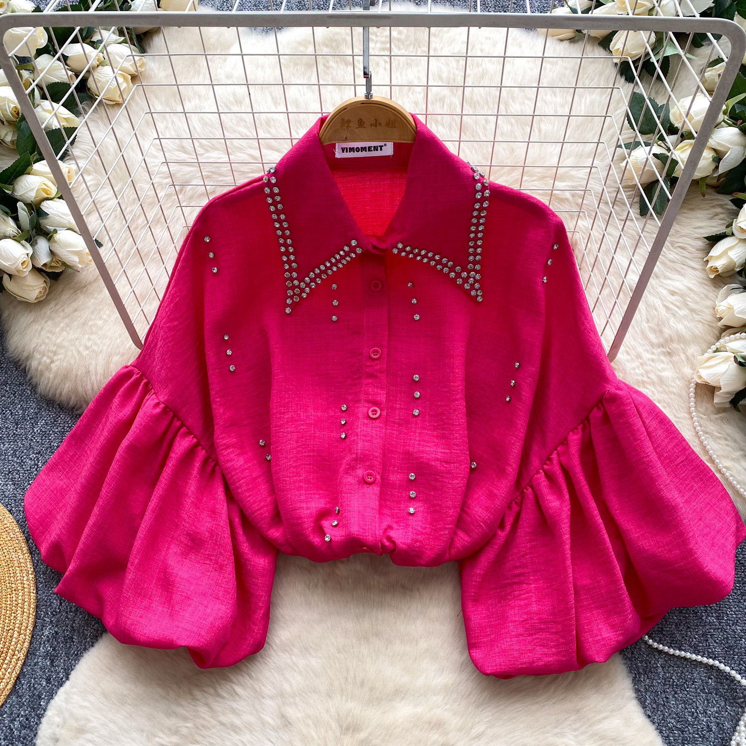 Women's French Style Rhinestone Blouse Summer Lantern Sleeve Cardigan Beaded Collar Loose Fit Versatile High End Top Heavy Duty_ecoleips.com