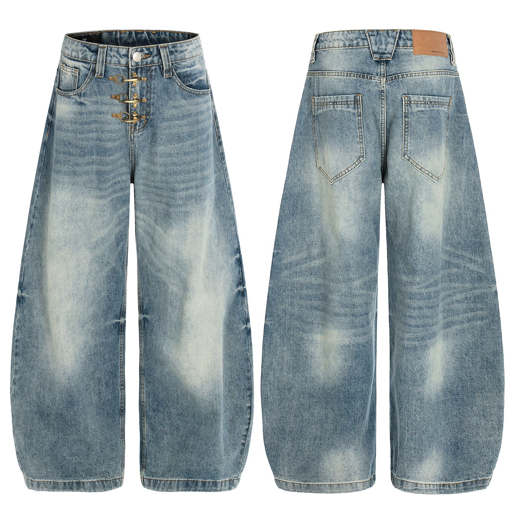 Vintage Distressed Flared Denim Jeans High Street Cotton Blend_voghion.com
