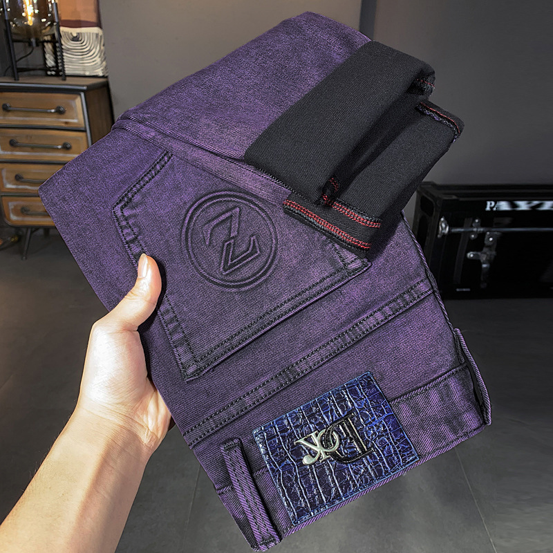 Vintage Purple Jeans for Men 2025 Autumn European Fashion Brand Simple Slim Fit Stretch Casual Skinny Pants