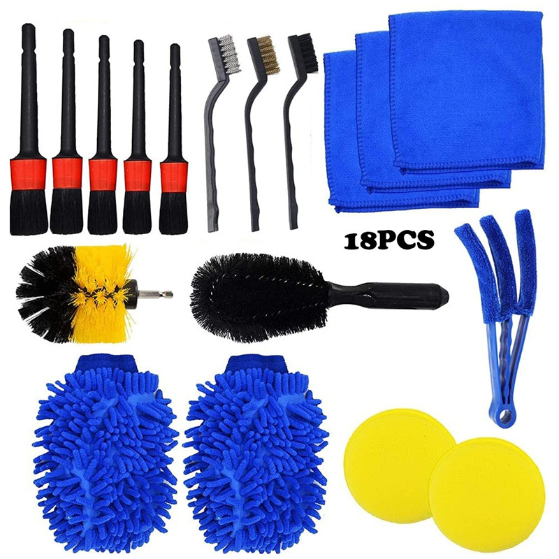 18-piece detalle del coche kit de limpieza detalle cepillo valet almohadilla de limpieza para el neumático de la rueda del motor