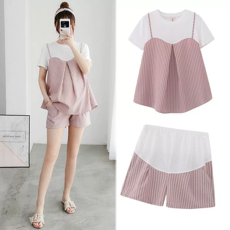 Maternity Two-Piece Set, Women's Summer T‑Shirt & Belly‑Support Shorts, Short Sleeve Loose Fit