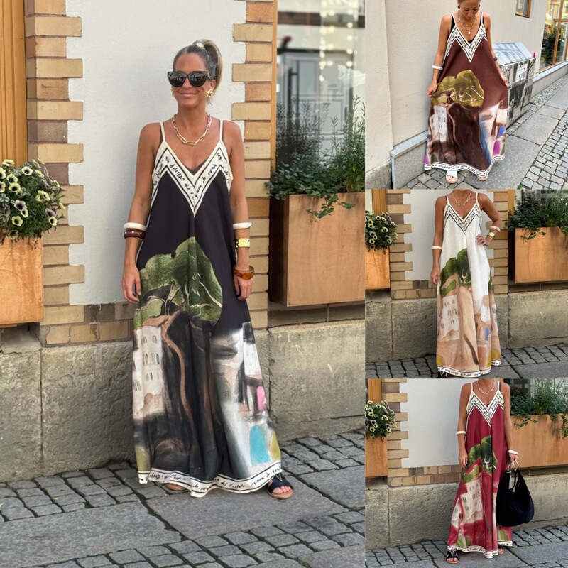 2025 European and American Cross-Border Amazon New Positioning Printed V Neck Loose Large Hem Suspender Skirt Casual Vacation Long Skirt 2025 European and American Cross-Border Amazon New Positioning Printed V Neck Loose Large Hem Suspender Skirt Casual Vacation Long Skirt