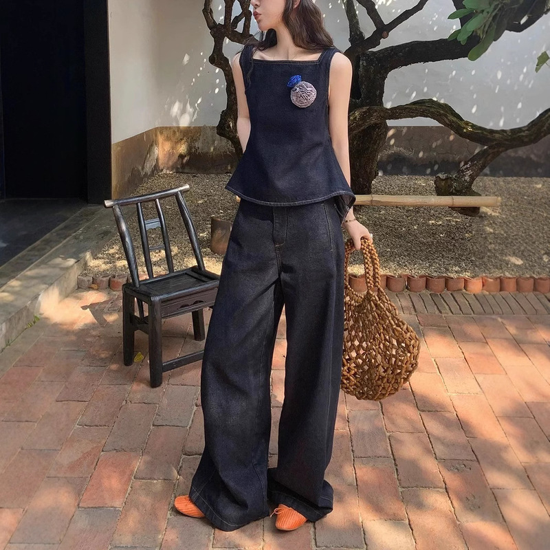 Zhou Meimei Street Back Hollow Strap Vest Original Color Straight Denim Wide Leg Pants suit Women
