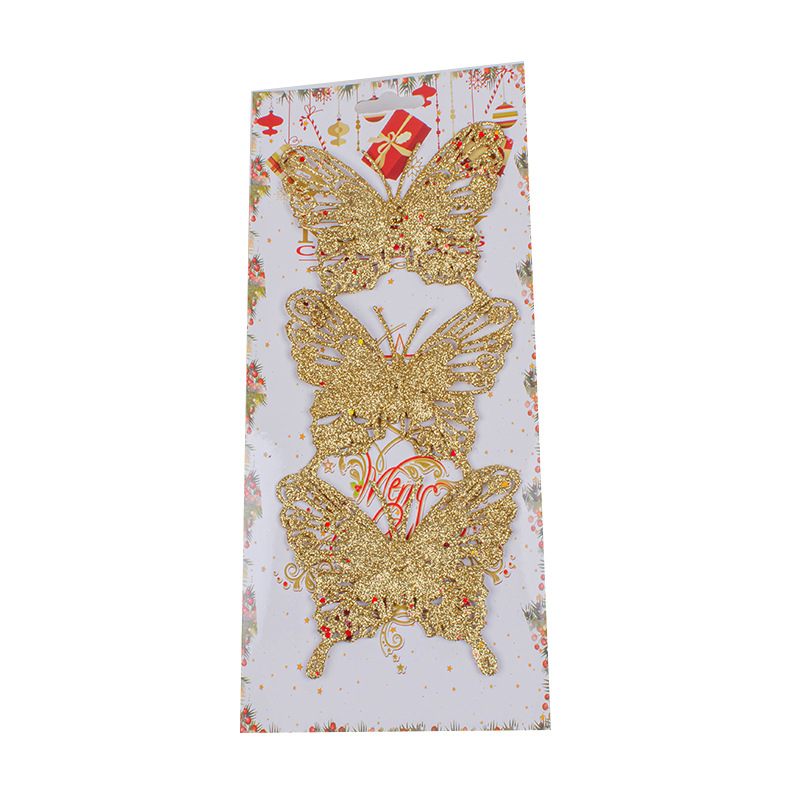 Colgante de Navidad personalizado polvo dorado brillante de plástico mariposa acoplamiento de ventana accesorios de decoración de flores de Navidad simuladas
