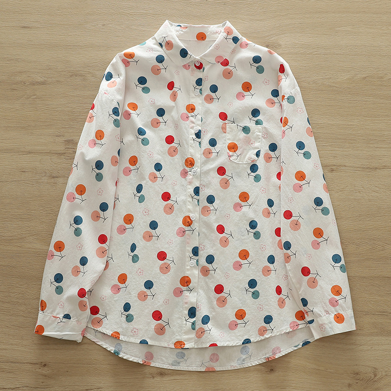 Autumn New Large Size Holiday Style Printed Teenage Sense Shirt Women's All-match Shirt Retro Lazy Long-sleeved Top