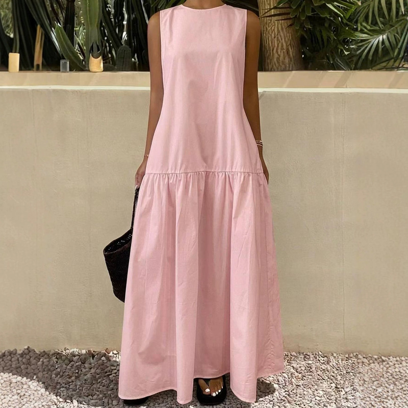 2026 Cross-Border Women's Pullover Solid Color Round Neck Sleeveless Patchwork Loose Hem Long Dress
