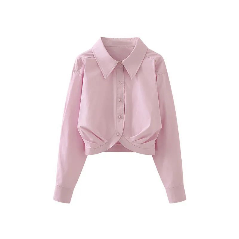 2025 Lapel Pleated Short Shirt Women's Korean Style Design Niche High Waist Solid Color Shirt Spring New Style