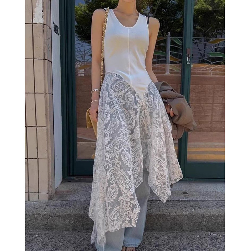 Plus Size 150kg Irregular Lace Patchwork Dress for Women, New Summer Design, Layered Tank Top Long Dress