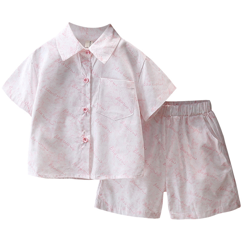7177 Traje de camisa rosa para niños Ropa de playa estilo de vacaciones delgada de verano para niños 2025 nueva celebridad de Internet de manga corta