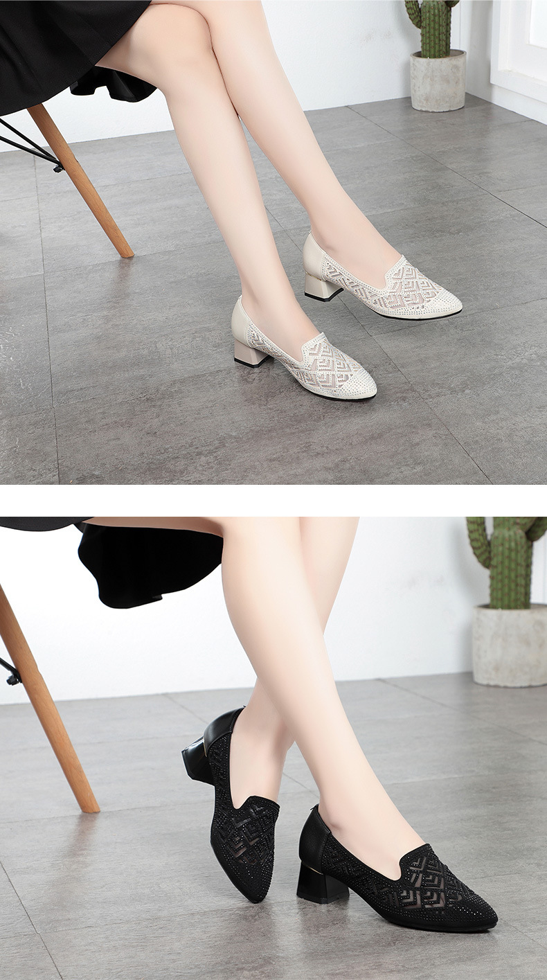 Sandal nữ quai chữ V gót thấp da thật lưới thoáng khí — màu đen chi tiết 5
