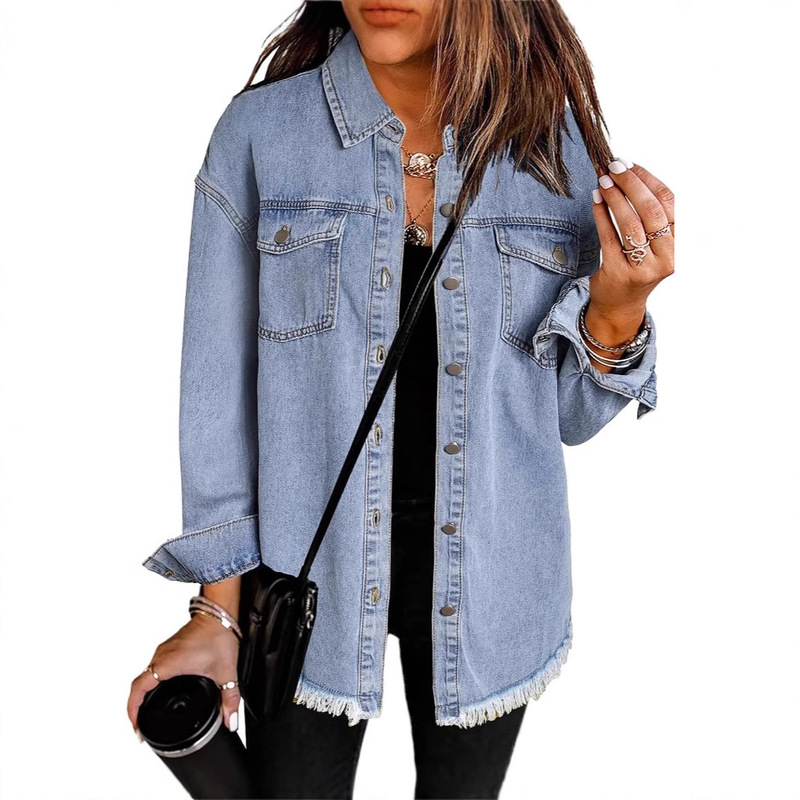 Cross Border Women's Oversized Denim Jacket Casual Long Sleeve Denim Shirt Dressed Denim Jacket 2025 Spring Clothing