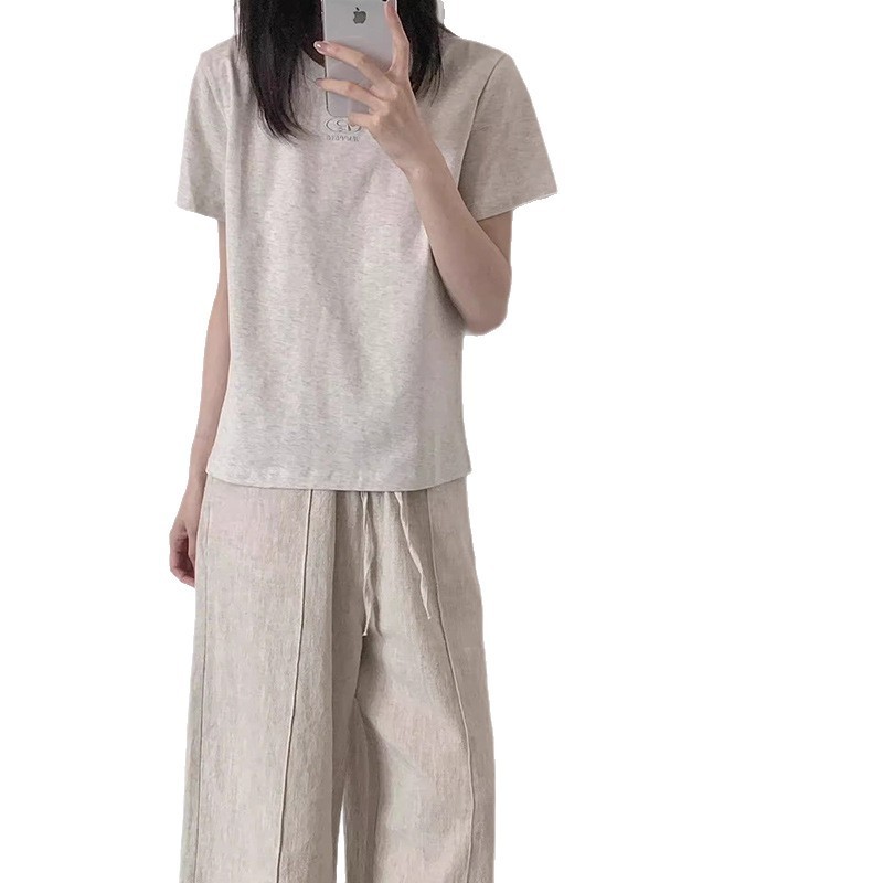 Fanxi Clothing アメリカングレー ラウンドネック 刺繍 半袖 Tシャツ レディース 2025年夏新作 ゆったり カジュアル ショルダートップ|undefined