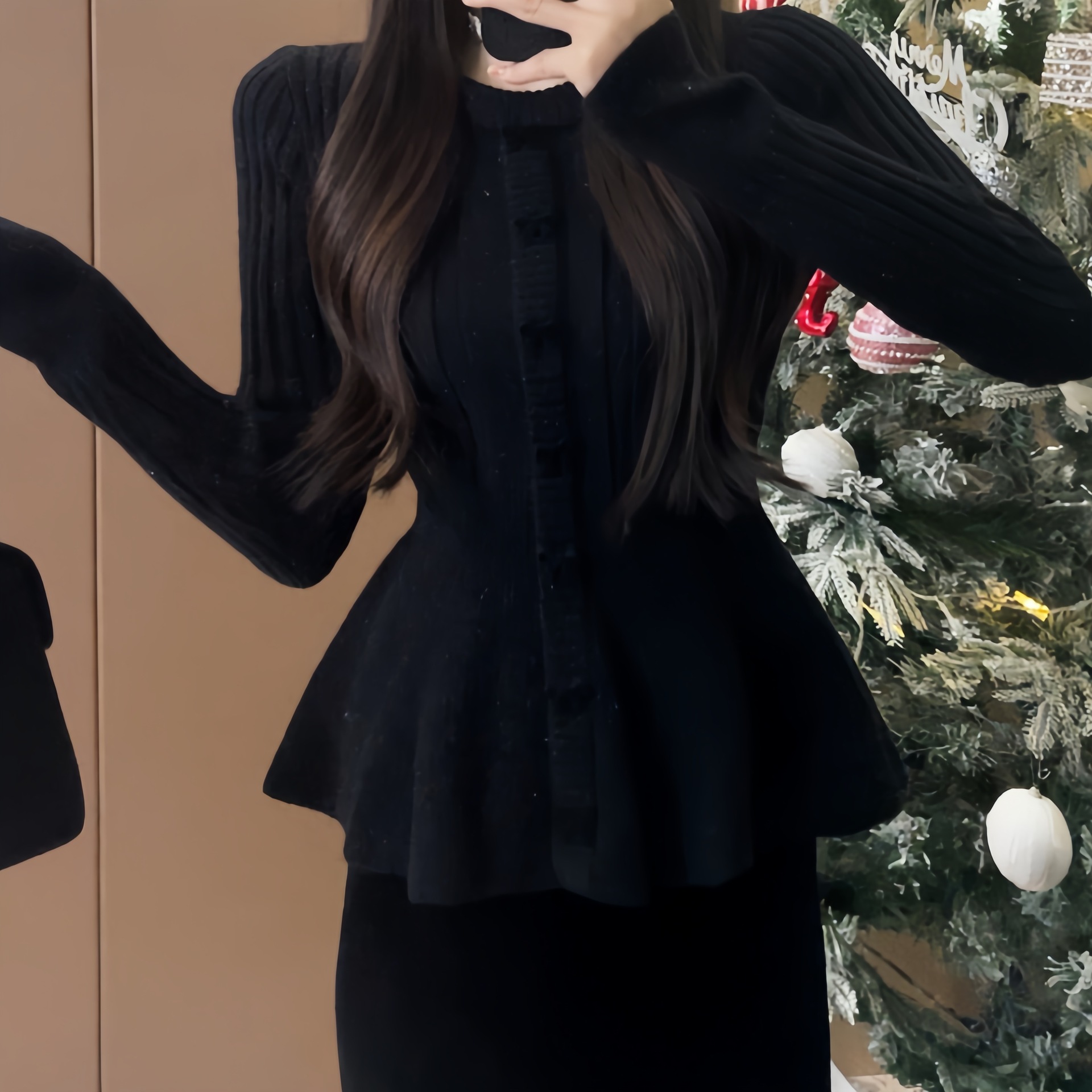 Knitted autumn design elegant sweater with a round collar with bow