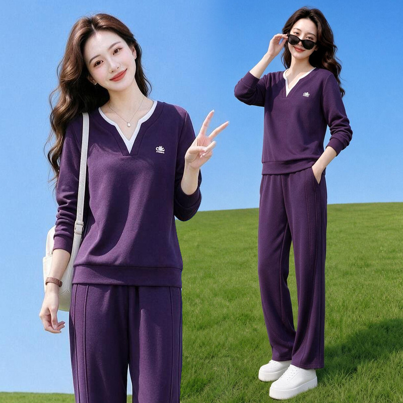 Drawstring elastic high-waisted fashionable casual sportswear set for women, spring and autumn, mom style, color-blocked two-piece sweatshirt set Drawstring elastic high-waisted fashionable casual sportswear set for women, spring and autumn, mom style, color-blocked two-piece sweatshirt set