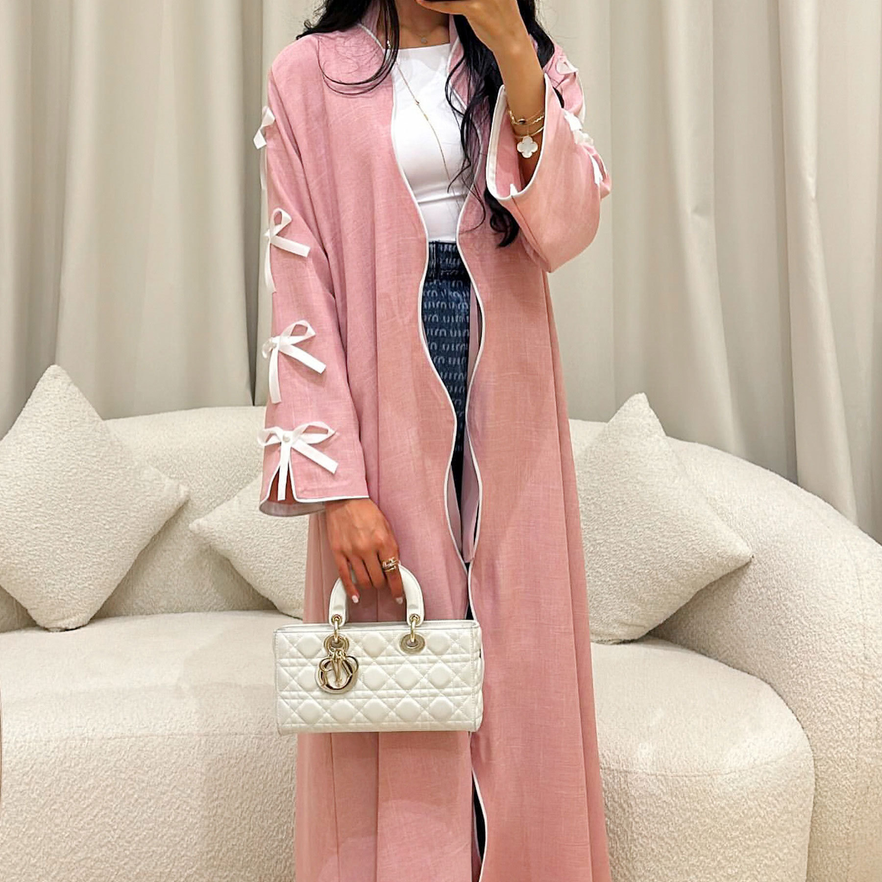 LN911 European and American style pink pure beauty bow cardigan robe dress for women