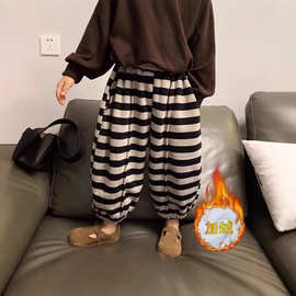 支持定制~儿童条纹裤子秋冬加绒儿童长裤宝宝加厚卫裤宽松收口裤