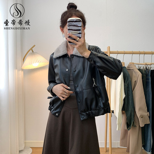 Autumn and winter short leather jacket for women, cotton thickened, self-heating inner lapel leather jacket, Korean fashion leather jacket wholesale