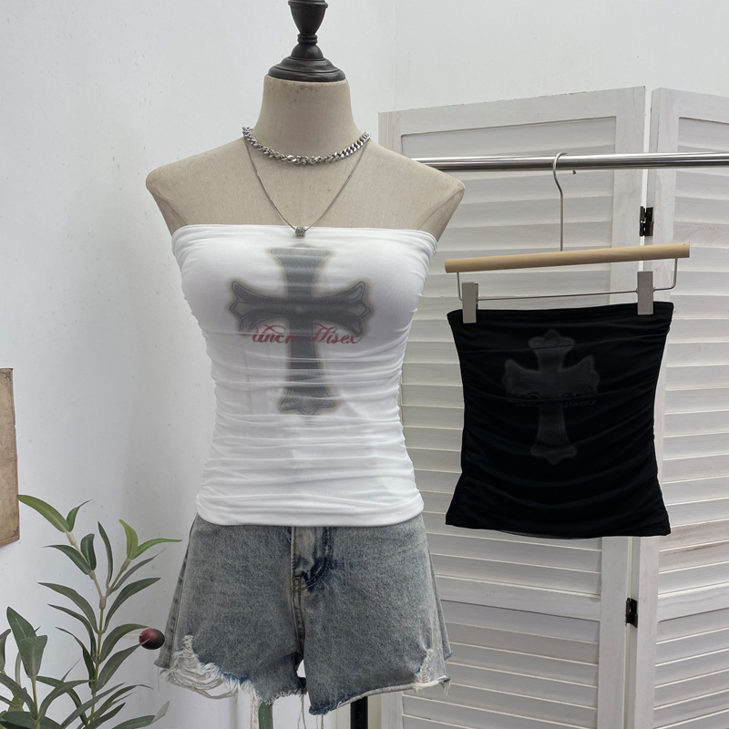 Real Shot of Mesh Patchwork Printed Tube Top, American Retro Style with Chest Pads, Beautiful Back, Tight-Fitting Short Tube Top 1289 Real Shot of Mesh Patchwork Printed Tube Top, American Retro Style with Chest Pads, Beautiful Back, Tight-Fitting Short Tube Top 1289