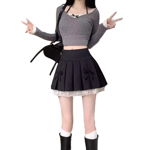 Lace-trimmed Pleated Skirt Women's Autumn Fashion Design High Waist A-line Hip-Hugging Short Skirt Fluffy Mini Skirt Girl's Skirt Pant