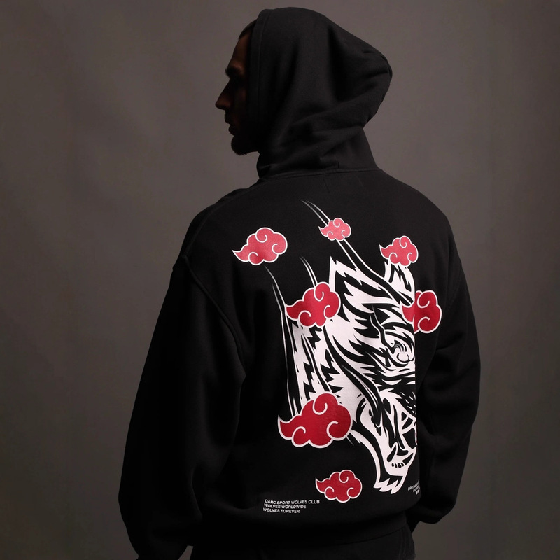 Darc Wolf Head Collaboration Anime Naruto Series Peripheral Printed Fleece-Lined Thickened Hooded Sweatshirt Fitness Top