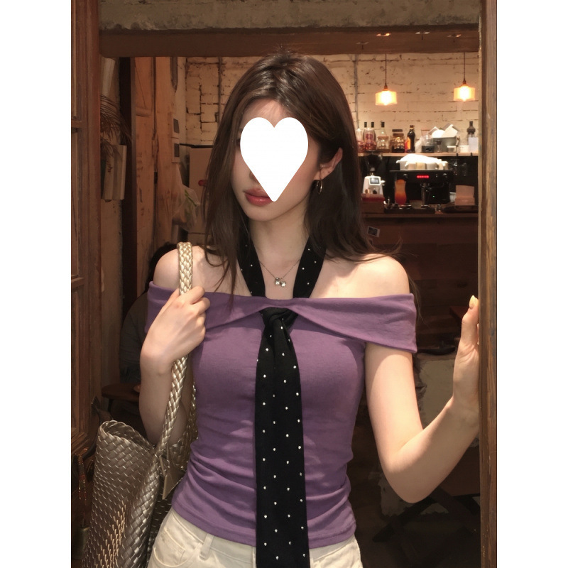 Factory Wholesale Snow Cake Sweet Girl Pure Desire Spicy Girl Polka Dot Tie One-Shoulder t Halter Neck Design Ruched Slimming Top