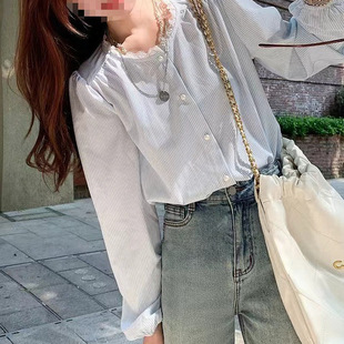 Blue Vertical Stripe Niche Shirt Women's 2025 Spring New Arrival French Round Neck Lace All-Match Shirt Other