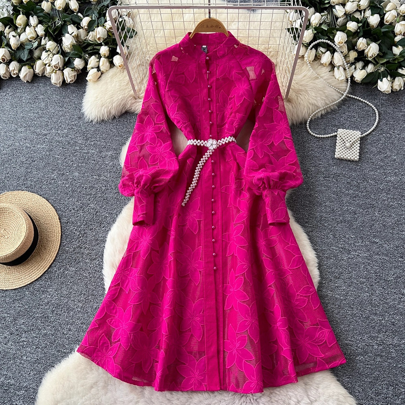 French-Style Retro Palace-Inspired Heavy Embroidery Hollow-Out Round Neck Single-Breasted Lantern Sleeve Tie Waist Elegant Dress