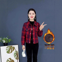 新款2025秋冬格子衬衫外套女休闲加绒加厚格子妈妈上衣短款