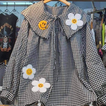 韩国东大门宽松遮肉甜美风格子衬衫女秋季新款娃娃领减龄休闲长袖