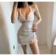 Summer New Niche European and American Niche Neck Lace-up Deep V Split Cross Hollow Pleated Off-waist Dress
