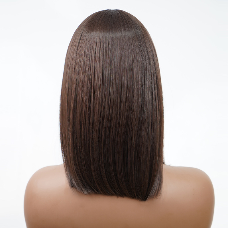 Wholesale European and American cross-border chemical fiber wigs high temperature silk bangs mechanism middle parting chestnut brown bob wigs_voghion.com