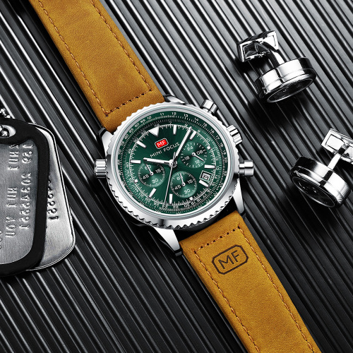 MINI FOCUS Watch Casual Men's Multi-functional Quartz Watch Aviation Timer Men's Watch Genuine Leather Strap 0463G