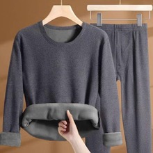 冬季加绒加厚纯色纯棉保暖套装男女中老年圆领内衣秋衣秋裤打底