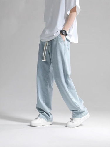 Fanx foreign trade jeans men's spring and autumn new style loose straight elastic waist drawstring all-matching casual long pants