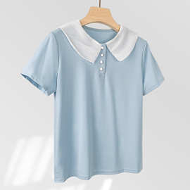 高品质 丝光棉POLO衫女夏减龄娃娃领欧根纱撞色翻领短袖正肩T恤女