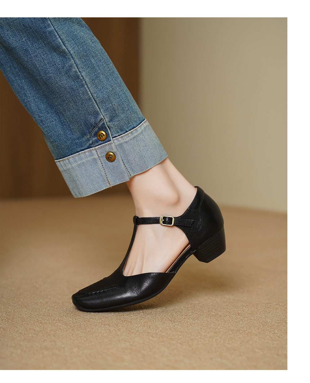 Sandal nữ cao gót mũi nhọn quai chữ T da cừu, gót 5 cm — đen chi tiết 10