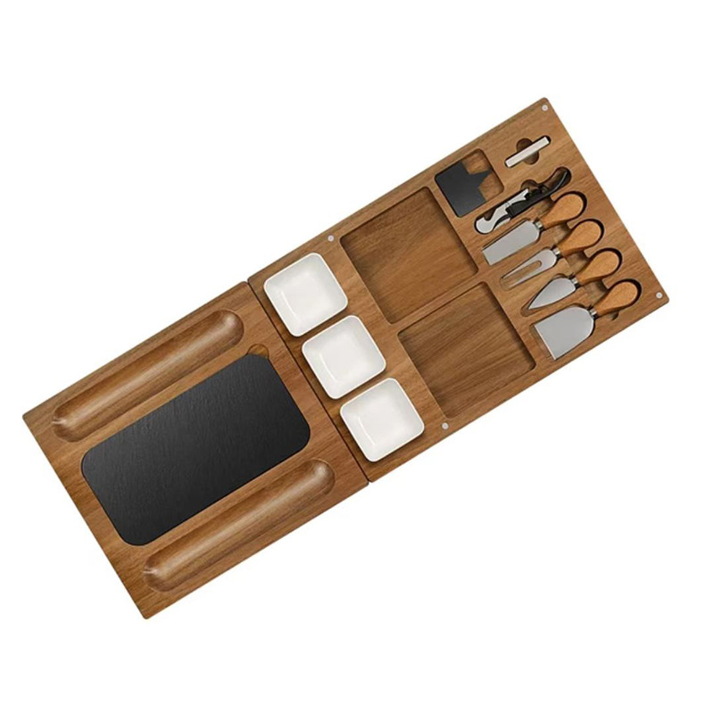 Paleta de madera transfronteriza Plato de comedor rectangular con conjunto de cuchillos Plato de madera de pizarra de cerámica de doble capa de almacenamiento conjunto de tablero de queso