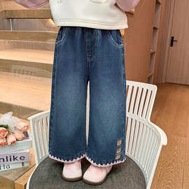 女童裤子春秋季2026新款女宝洋气时髦儿童秋装宽松卡通牛仔阔腿裤