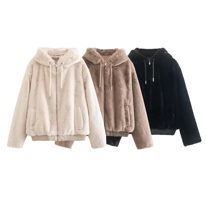 European and American Women's Clothing Artificial Fur Effect Hooded Tops Coat 2022 Autumn and Winter New Fashion Temperament Top Wholesale