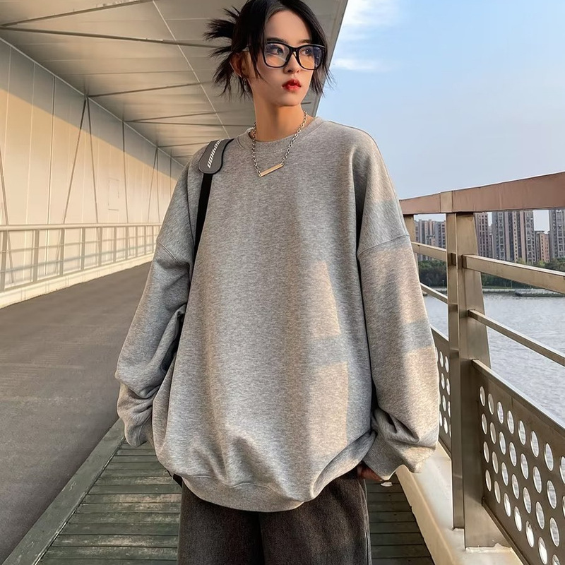 Cross-Border Foreign Trade Round-Neck Gray Pullover Sweatshirt New Style Hoodless Casual Loose Top Basic Cotton Sweatshirt