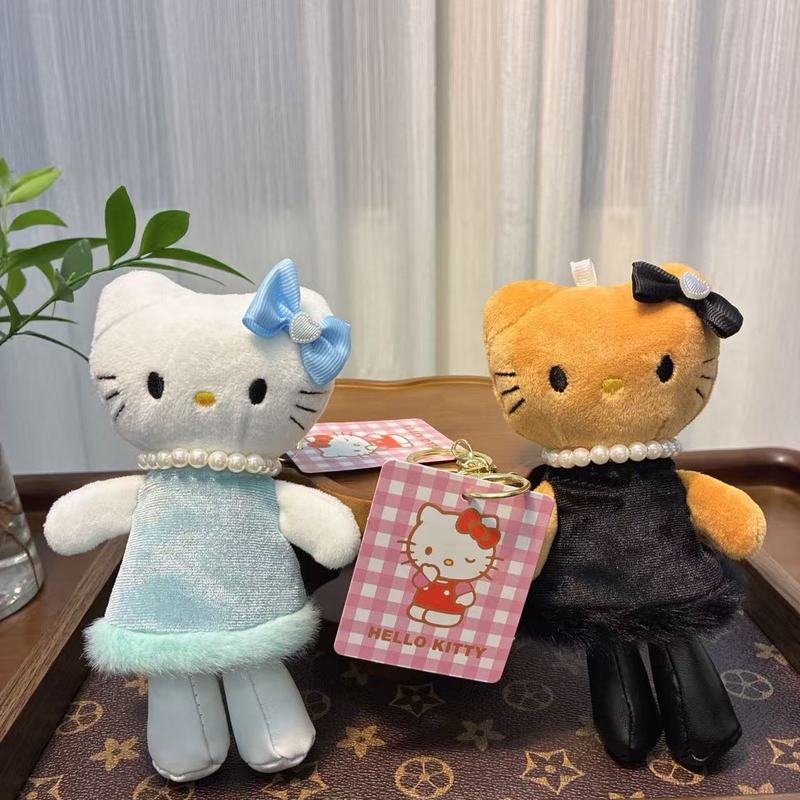 日系新款NIC豹纹黑皮爱心扣长腿kitty包挂件毛绒凯蒂猫钥匙扣挂饰|undefined