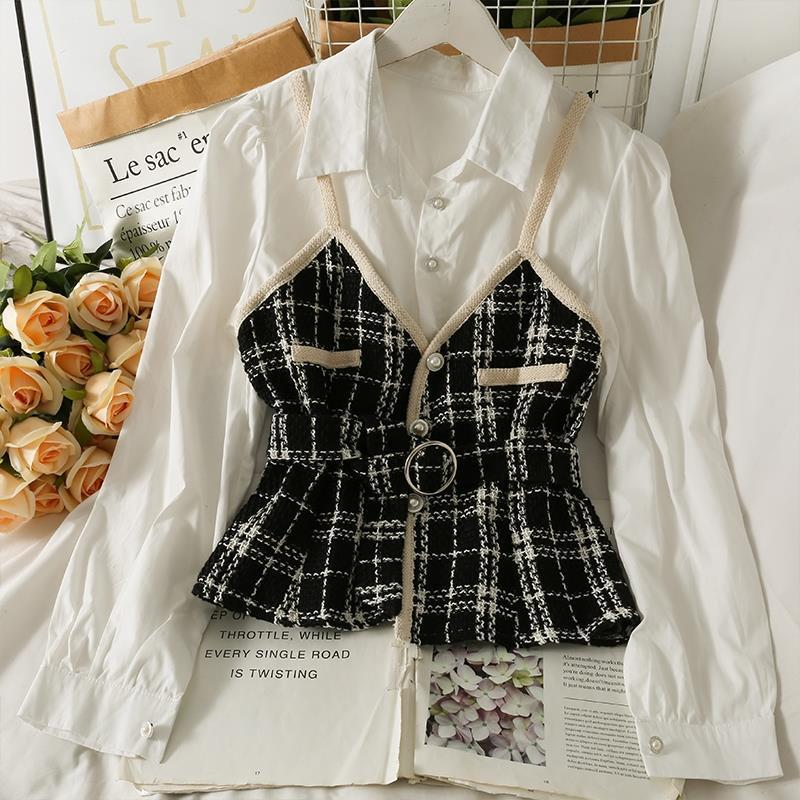Korean Retro Contrast Color Splicing Tweed Fake Two-Piece Shirt for Women Autumn High Waist Strap Slim Lapel Long-Sleeved Top