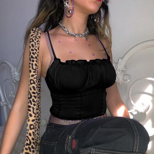 In stock 2024 summer camisole crop top ruffled spaghetti strap sexy chic versatile chest-flattering slim-fit women's top