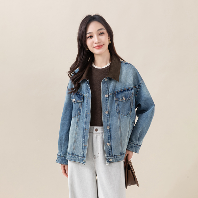  撞色灯芯绒翻廓形牛仔衬衫外套女上衣撞色中性风2025秋季新
