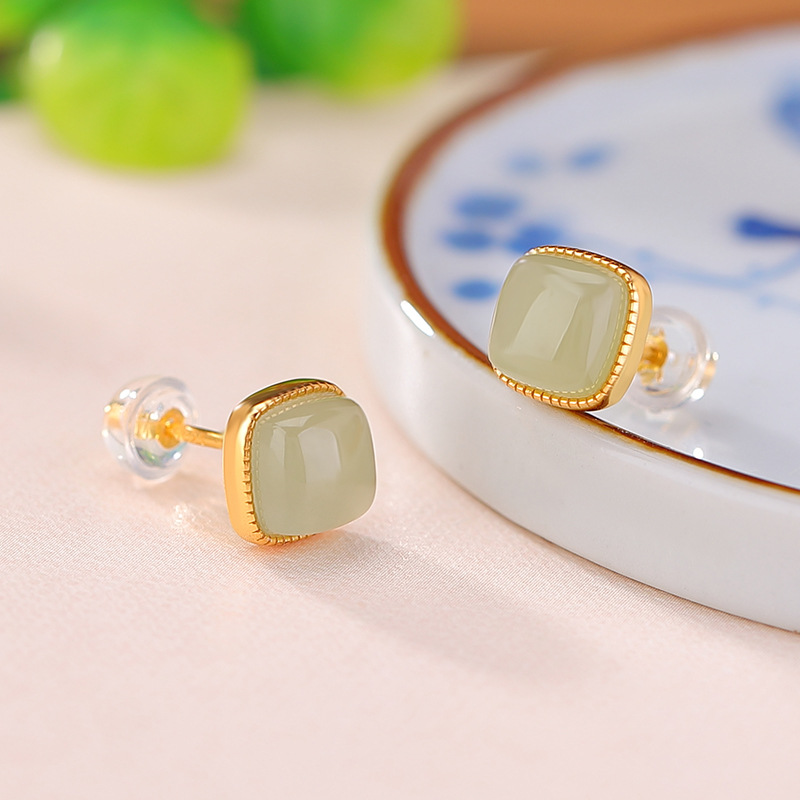 Bông tai bạc S925 mạ vàng đính đá vuông phong cách cổ điển — Một cặp