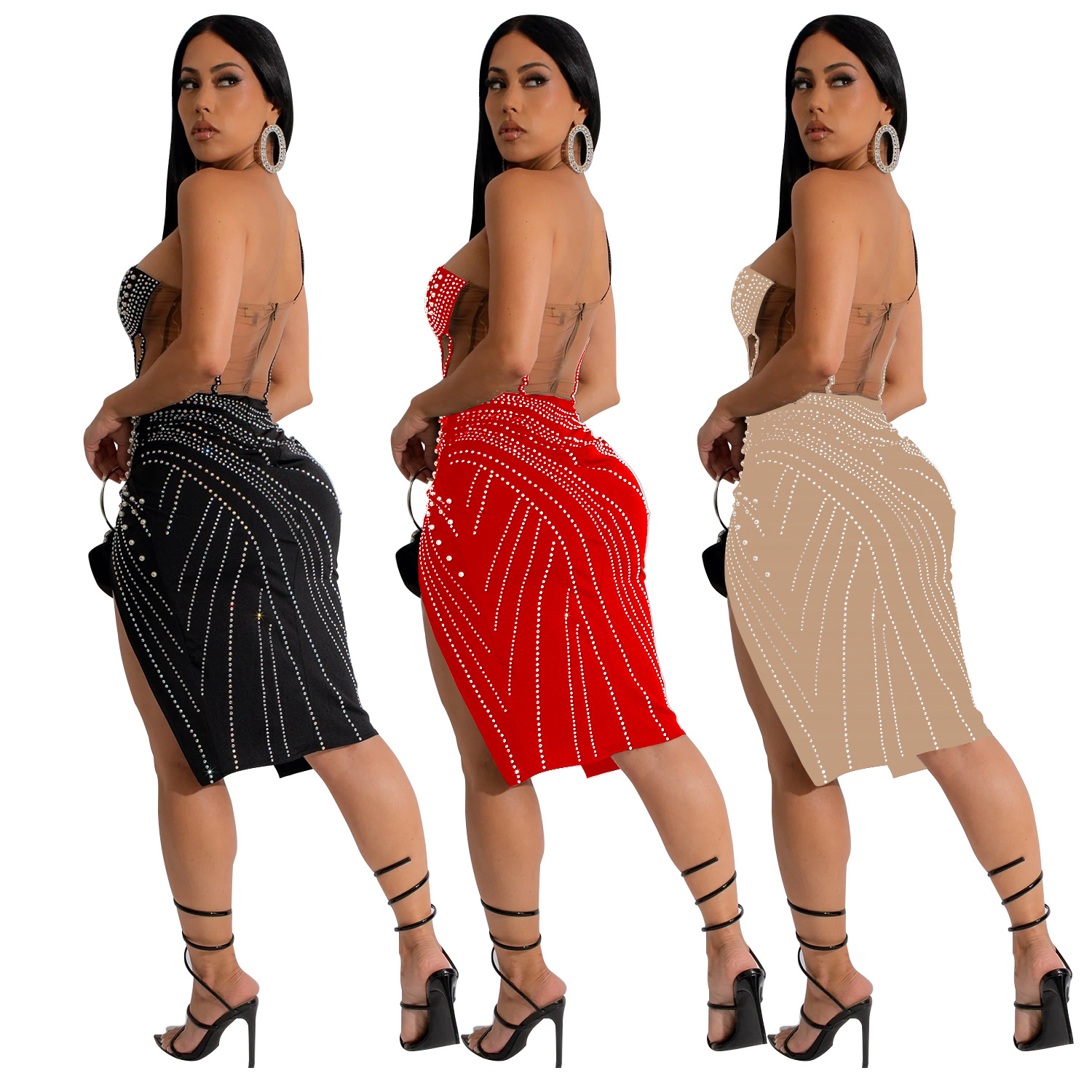 C6968 Aliexpress transfronterizo Amazon estación independiente de moda europea y americana ropa de mujer de malla de diamante mediano vestido largo image 6