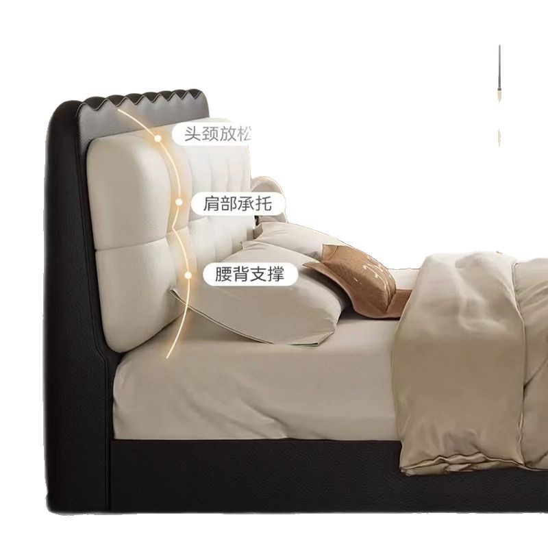 Camas dobles retro, cama francesa retro, dormitorio principal, cama de cuero negro, cama ondulada italiana moderna y simple.