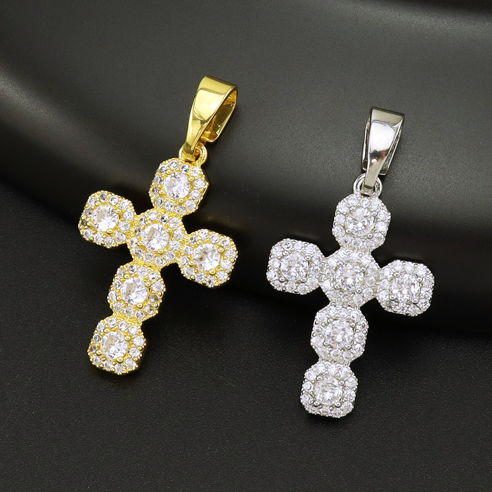 Cross Pattern Unisex Gender Copper Inlaid Zircon Cross Pendant Necklace Personalized   Style Long Hemp Flowers Chain Sweater Chain Wear Accessory