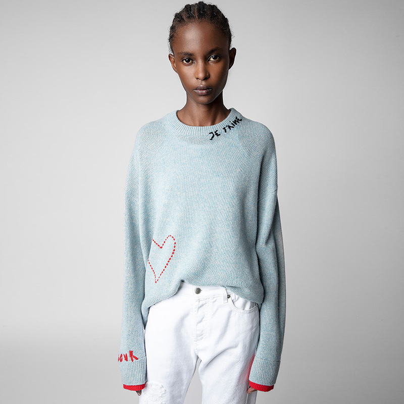 23 Early Autumn New French Niche Zv Letter Heart Embroider Hand-Crocheted Cashmere Knitwear for Women